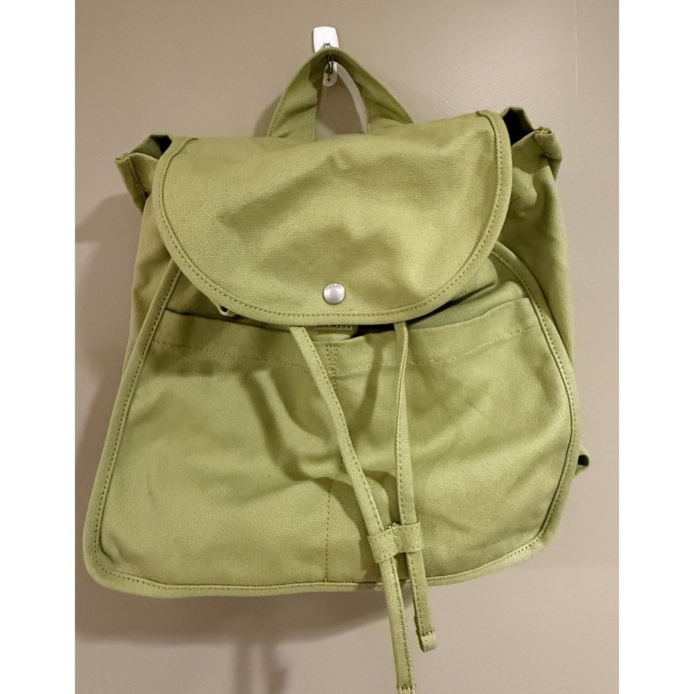 BAGGU Green Canvas Drawstring Backpack Rucksack Flap Snap Adjustable Straps